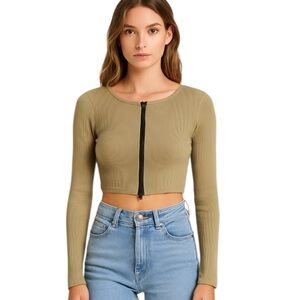 White Fox - NWT The Real Thing Crop Top Khaki Zip Up Y2K Top Sz M